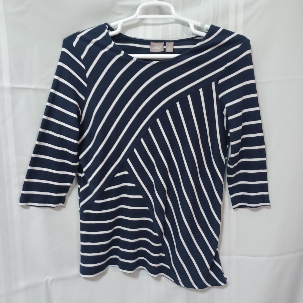 Chicos Navy Blue White Striped 3/4 Sleeve Cotton Top Size 1 Medium 570266692